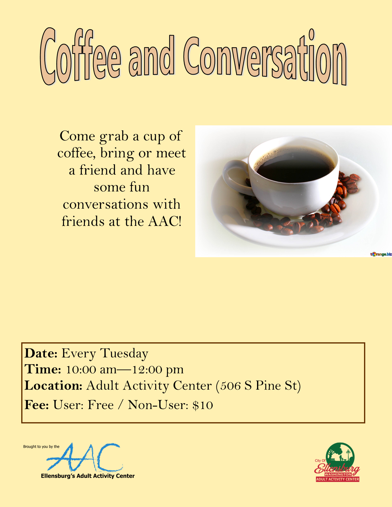 A visually appealing flyer highlighting key details and an image of a coffee cup. 
